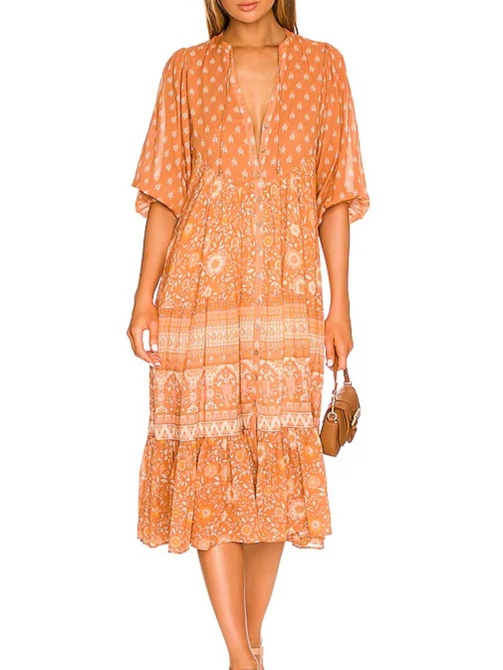 Spell Peach Floral Boho Midi Dress